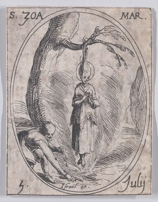 Ste. Zoé, martyre (St. Zoe, Martyr), July 5th, from "Les Images De Tous Les Saincts et Saintes de L'Année" (Images of All of the Saints and Religious Events of the Year) Wall Art by Jacques Callot - High-Resolution Digital Print