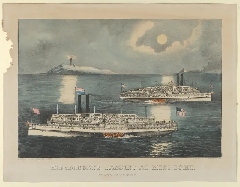 Steamboats Passing at Midnight – On Long Island Sound Wall Art by Currier & Ives - High-Resolution Digital Print