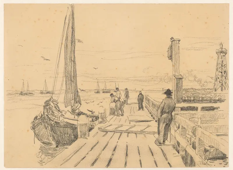 Steiger met diverse personen en een aangemeerde boot Wall Art by Willem Bastiaan Tholen - High-Resolution Digital Print