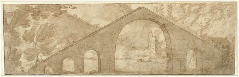 Steile brug in een landschap Wall Art by Unknown - High-Resolution Digital Print