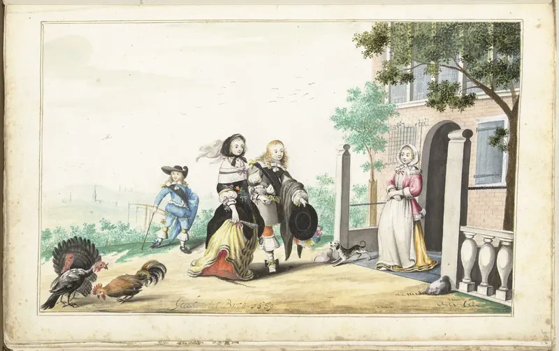 Stel begroet een dame bij de deur van een landhuis Wall Art by Unknown - High-Resolution Digital Print