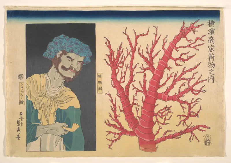 Stick of Coral and a Portrait of South Sea Islander Wall Art by Utagawa (Gountei) Sadahide - High-Resolution Digital Print