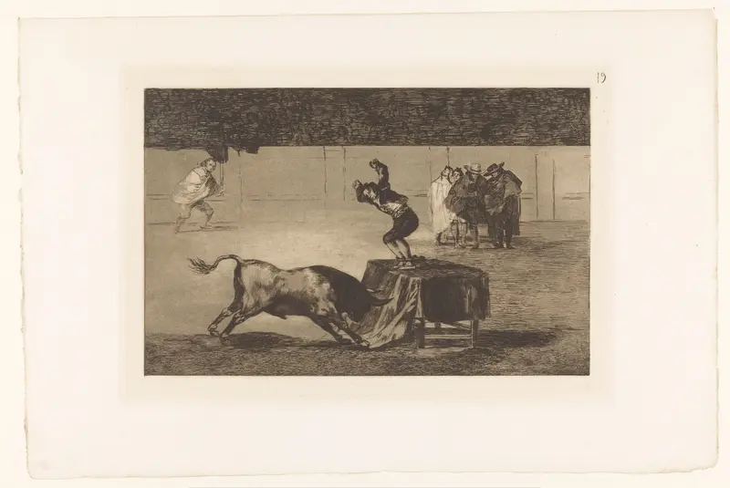 Stierenvechter staand op een tafel in de arena Wall Art by Eugène Loizelet - High-Resolution Digital Print