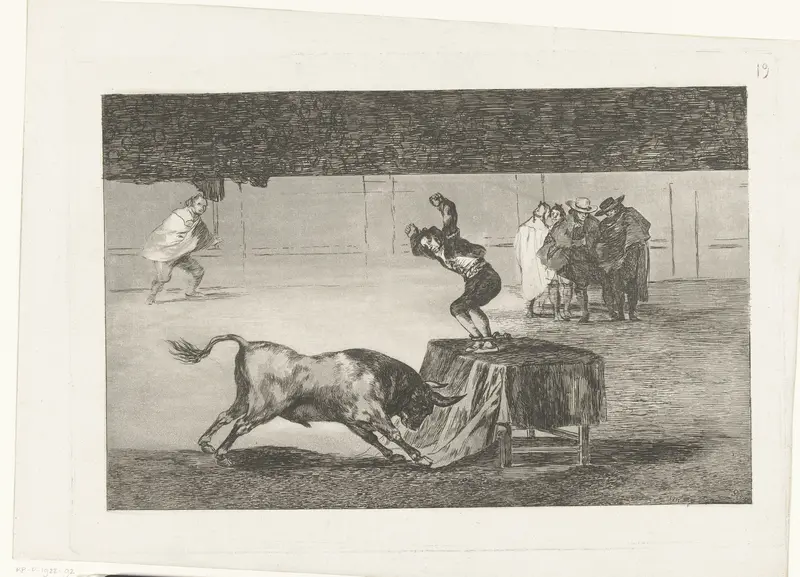 Stierenvechter staand op een tafel in een arena Wall Art by Unknown - High-Resolution Digital Print