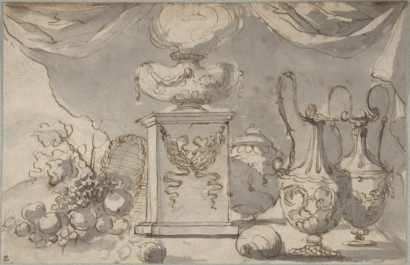 Still Life:  Vases, a Cassolette on a Pedestal, and an Overturned Basket of Fruit Wall Art by Jean Jacques Lagrenée - High-Resolution Digital Print