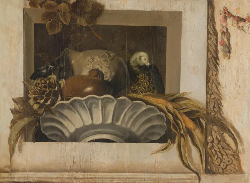Still Life with a Bowl of Corn, Artichokes, Grapes and a Parrot Wall Art by Jacob van Campen - High-Resolution Digital Print