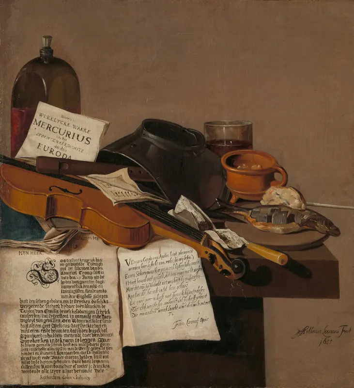 Still Life with a Copy of De Waere Mercurius, a Broadsheet with the News of Tromp's Victory over three English Ships on 28 June 1639, and a Poem telling the story of Apelles and the Cobbler Wall Art by Anthonius Leemans - High-Resolution Digital Print