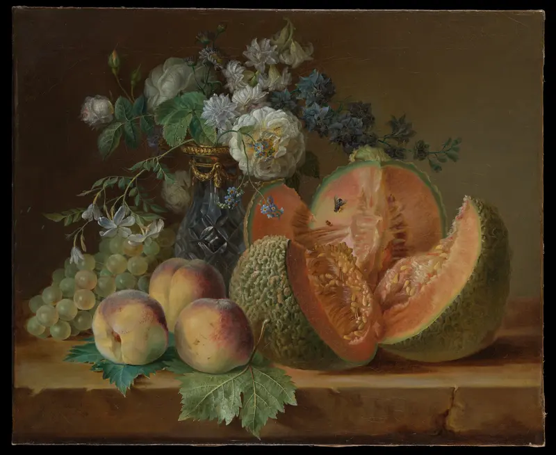 Still Life with a Vase of Flowers, Melon, Peaches, and Grapes