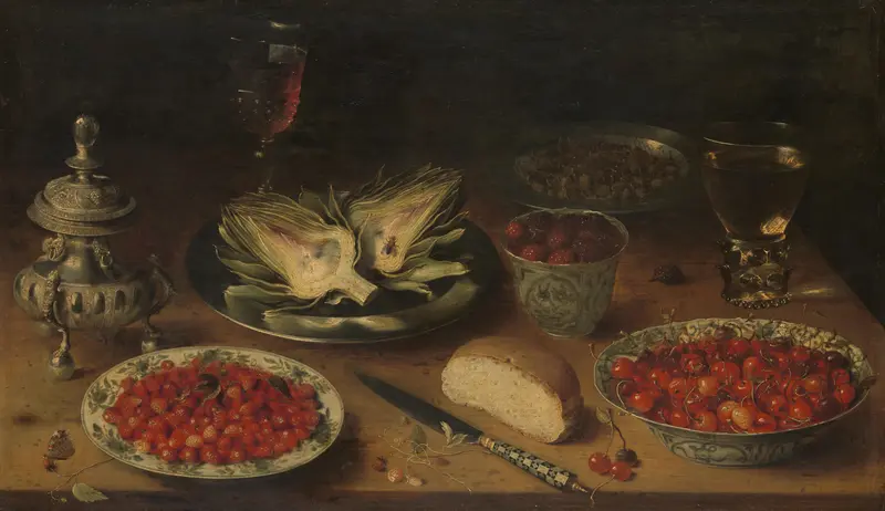 Still Life with Artichoke, Fruit in Kraak Porcelain Ware, a Salt Cellar/Pepper Castor Wall Art by Osias Beert (I) - High-Resolution Digital Print