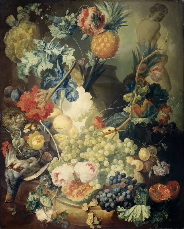 Still Life with Flowers, Fruit and Birds Wall Art by Jan van Os - High-Resolution Digital Print