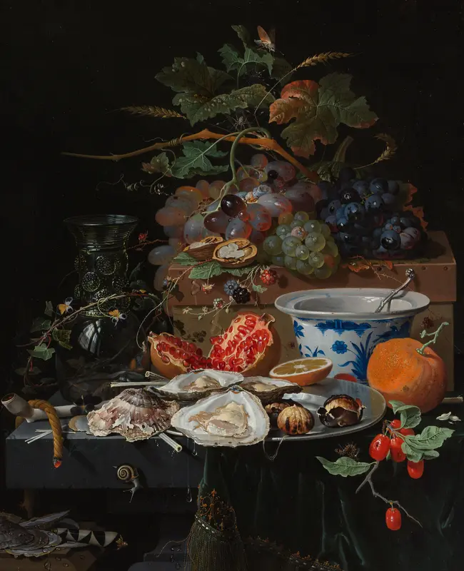 Still Life with Fruit, Oysters, and a Porcelain Bowl Wall Art by Unknown - High-Resolution Digital Print