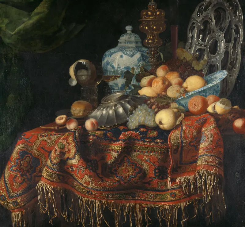 Still Life with Fruit, Plates and Dishes on a Turkey Carpet Wall Art by Unknown - High-Resolution Digital Print