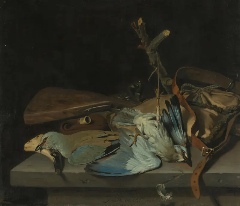 Still life with hunting implements and two European rollers Wall Art by Hendrick ten Oever - High-Resolution Digital Print