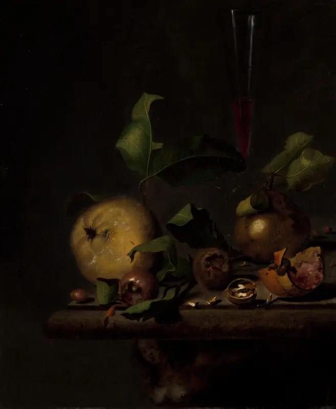 Still Life with Quinces, Medlars and a Glass Wall Art by Martinus Nellius - High-Resolution Digital Print