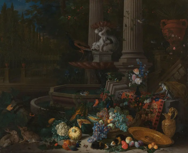 Still Life with Vegetables before a Draped, Overturned Plinth by an Ornamental Fountain Wall Art by Peeter Gijsels - High-Resolution Digital Print