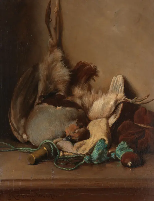 Still life with Wood Pigeon and Powder Horn Wall Art by Unknown - High-Resolution Digital Print