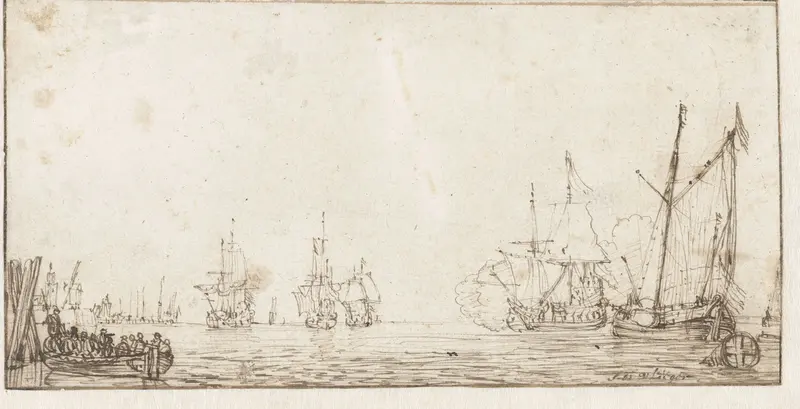 Stille zee met schepen en een roeiboot links Wall Art by Simon de Vlieger - High-Resolution Digital Print