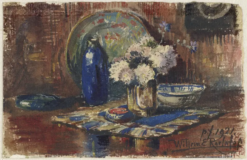 Stilleven met blauwe fles en vaas met bloemen Wall Art by Willem Roelofs (II) - High-Resolution Digital Print