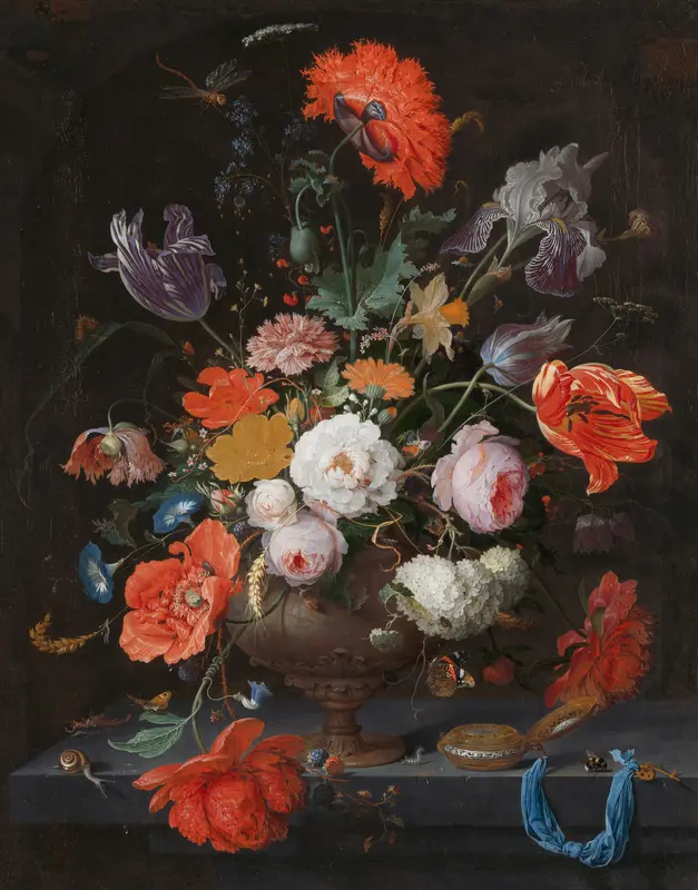 Stilleven met bloemen en een horloge Wall Art by Abraham Mignon - High-Resolution Digital Print