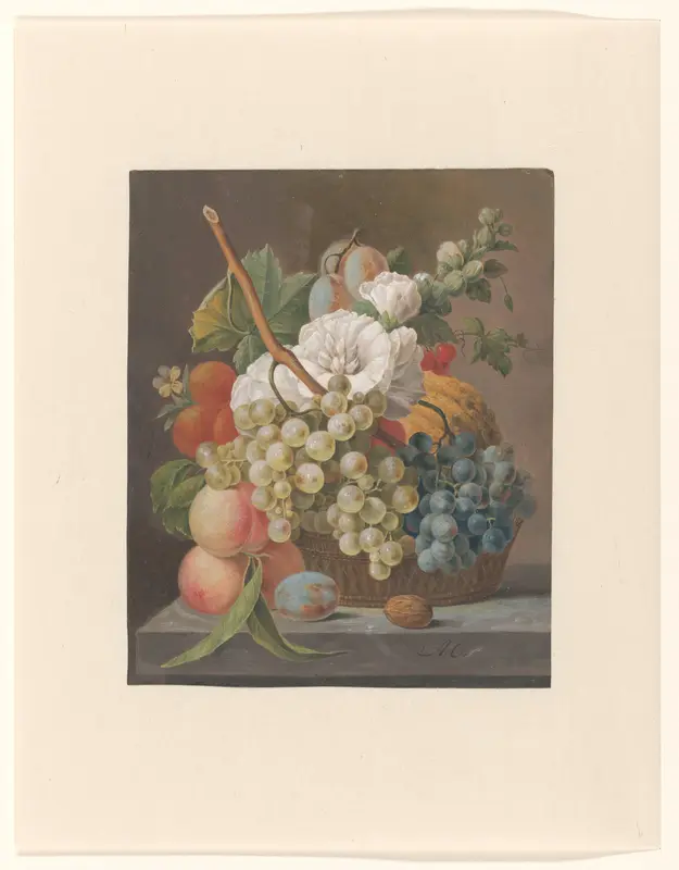 Stilleven met bloemen en fruit in een mandje Wall Art by Unknown - High-Resolution Digital Print