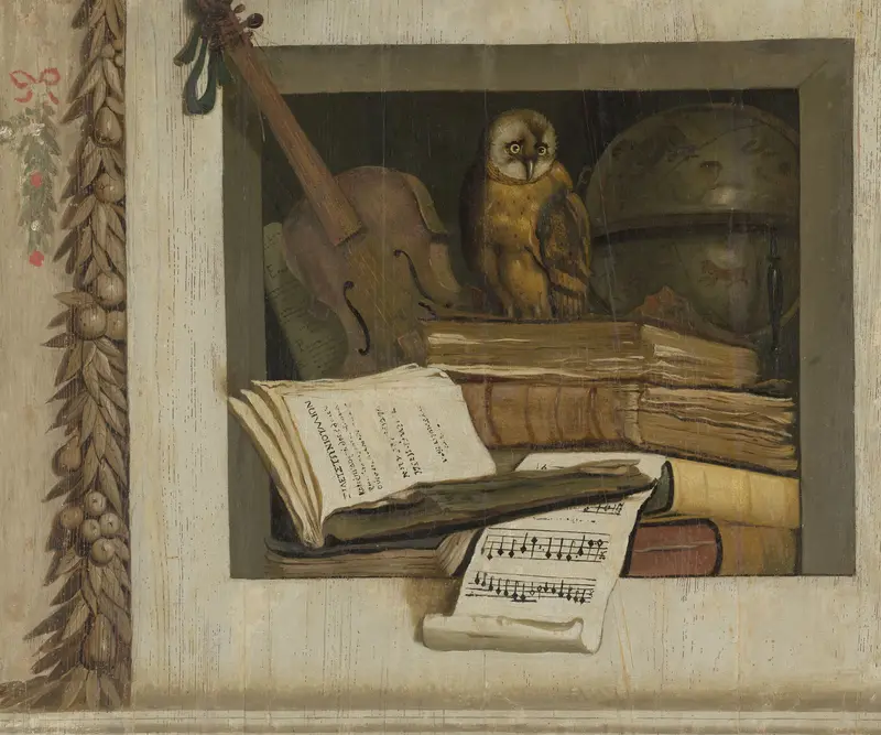 Stilleven met boeken, bladmuziek, viool, hemelglobe en een uil Wall Art by Jacob van Campen - High-Resolution Digital Print