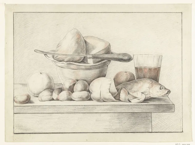 Stilleven met brood, kaas, vis, fruit en een glas wijn Wall Art by Jean Bernard - High-Resolution Digital Print