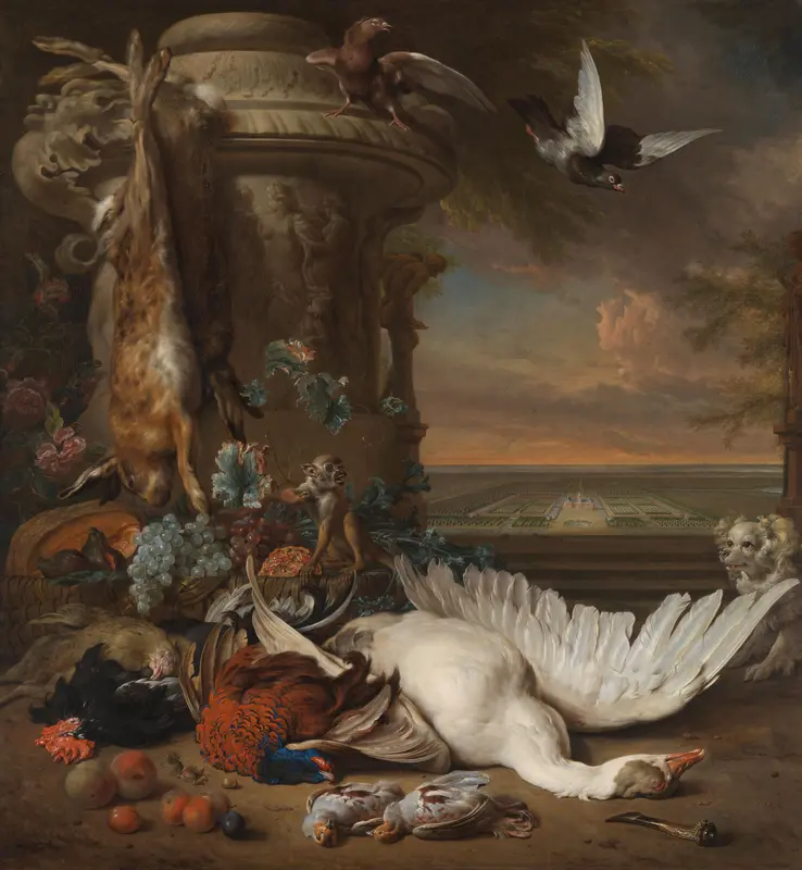 Stilleven met dood wild en vruchten naast een tuinvaas, met een aap, een hond en twee duiven; in het verschiet Rijksdorp bij Wassenaar, een buitenverblijf van jhr. Jacob Emmery baron van Wassenaar Wall Art by Jan Weenix - High-Resolution Digital Print
