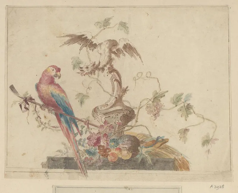 Stilleven met een ornament met een draak, bloemen, fruit en een papegaai Wall Art by Abraham van Strij (I) - High-Resolution Digital Print