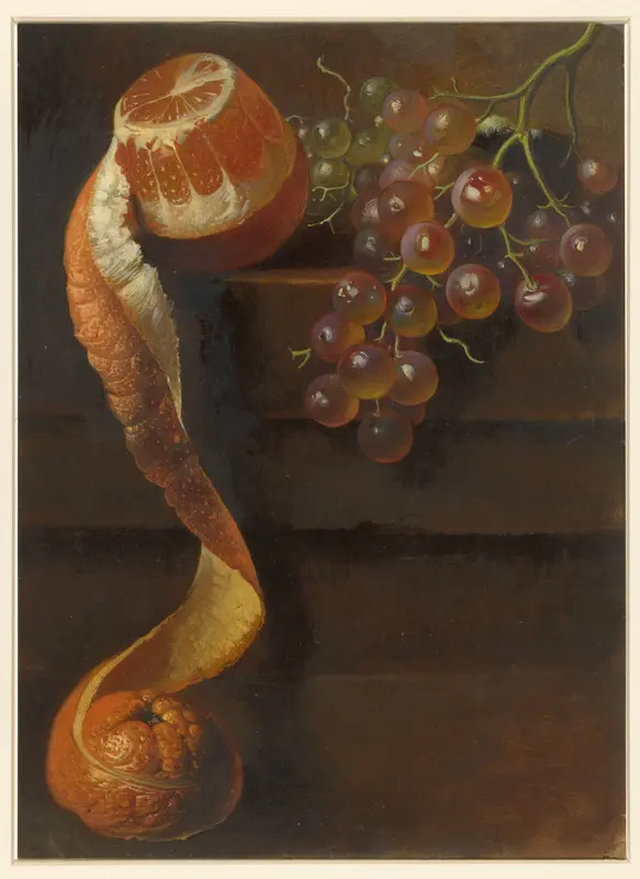 Stilleven met geschilde sinaasappel en druiventros Wall Art by Albertus Steenbergen - High-Resolution Digital Print