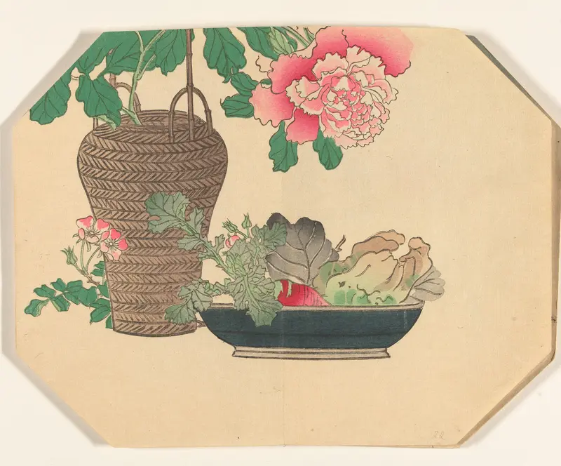 Stilleven met pioenroos in gevlochten vaas Wall Art by anonymous - High-Resolution Digital Print