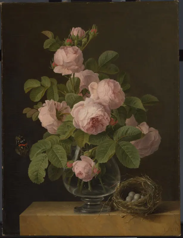 Stilleven met rozen en een vogelnestje Wall Art by Jan Frans van Dael - High-Resolution Digital Print