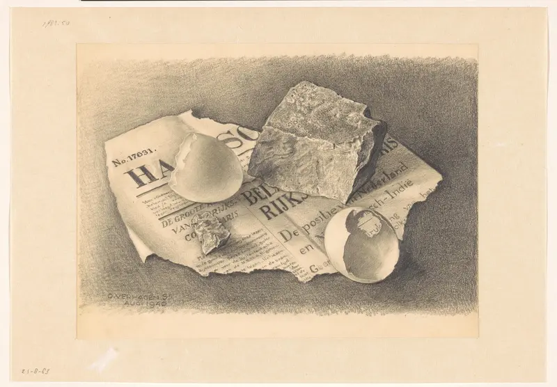 Stilleven met stenen, eierschalen en een stuk krant Wall Art by Unknown - High-Resolution Digital Print