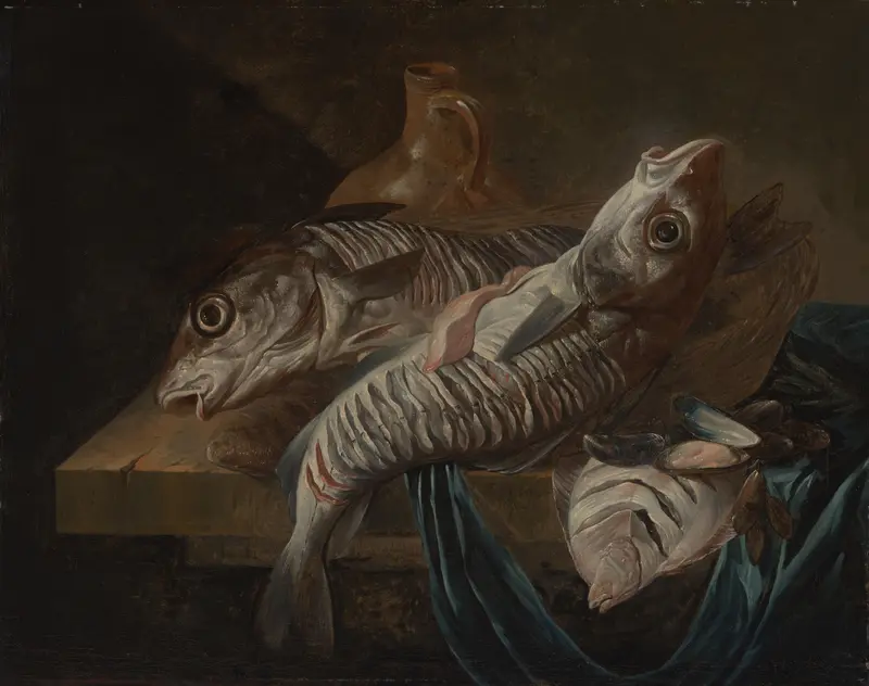Stilleven met twee schelvissen, schol en mosselen Wall Art by Unknown - High-Resolution Digital Print