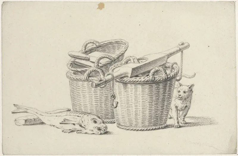 Stilleven met vismanden met juk en een poes Wall Art by Pieter de Goeje - High-Resolution Digital Print