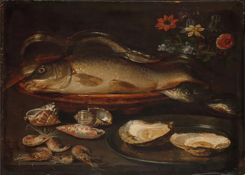 Stilleven met vissen, zeevruchten en bloemen Wall Art by Unknown - High-Resolution Digital Print