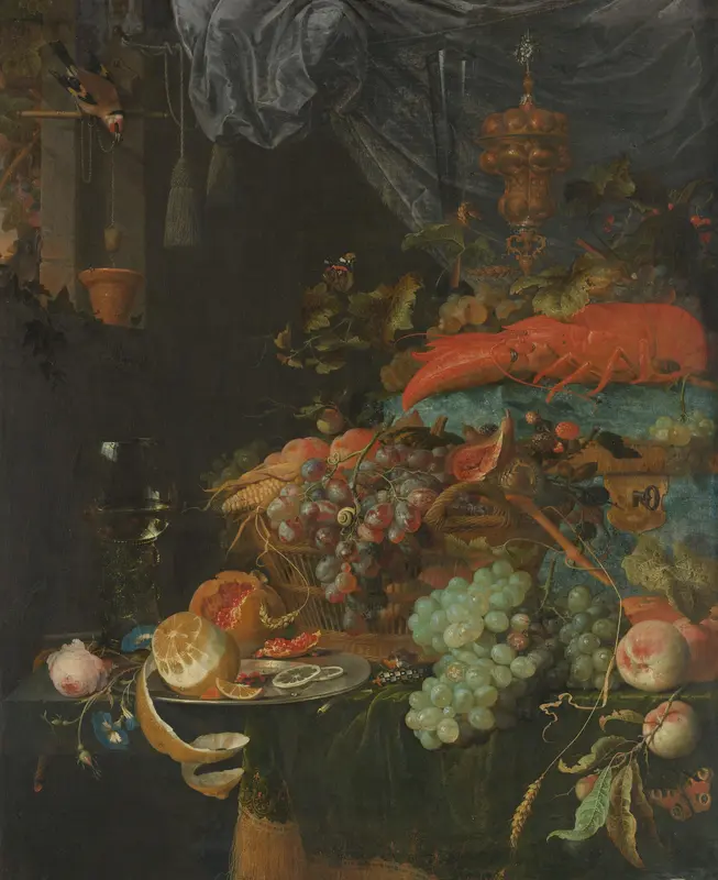 Stilleven met vruchten en een puttertje Wall Art by Abraham Mignon - High-Resolution Digital Print