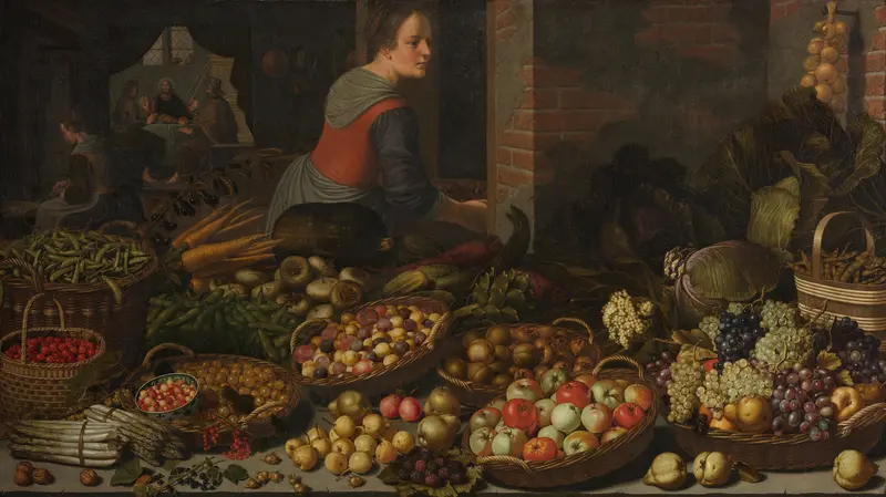 Stilleven met vruchten en groenten met op de achtergrond Christus en de Emmaüsgangers Wall Art by Floris Gerritsz van Schooten - High-Resolution Digital Print