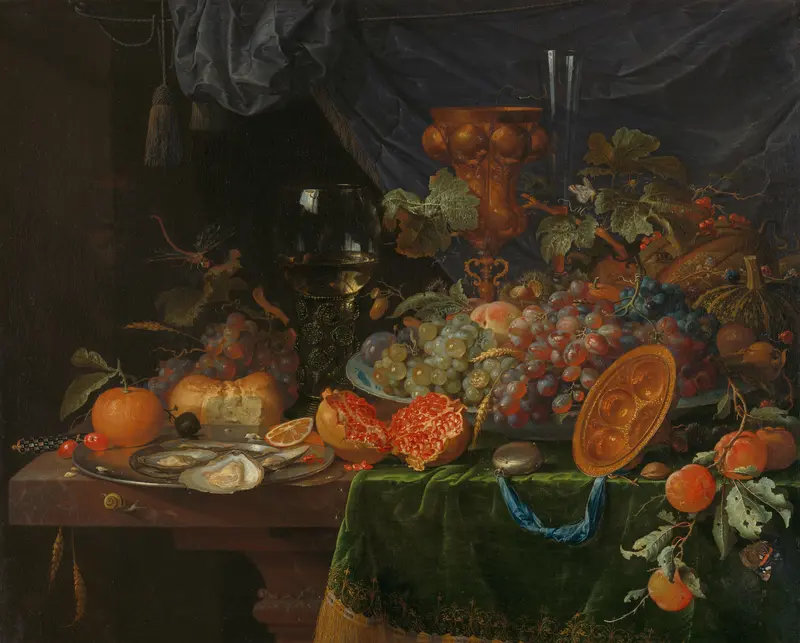 Stilleven met vruchten en oesters Wall Art by Abraham Mignon - High-Resolution Digital Print