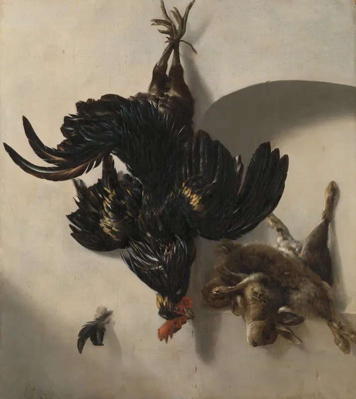 Stilleven met zwarte haan en twee konijnen Wall Art by Cornelis Lelienbergh - High-Resolution Digital Print
