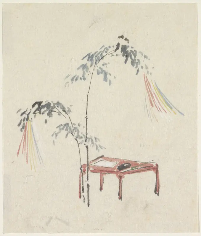 Stilleven van een rood tafeltje en versierde bamboe Wall Art by Utagawa Kuniyoshi - High-Resolution Digital Print