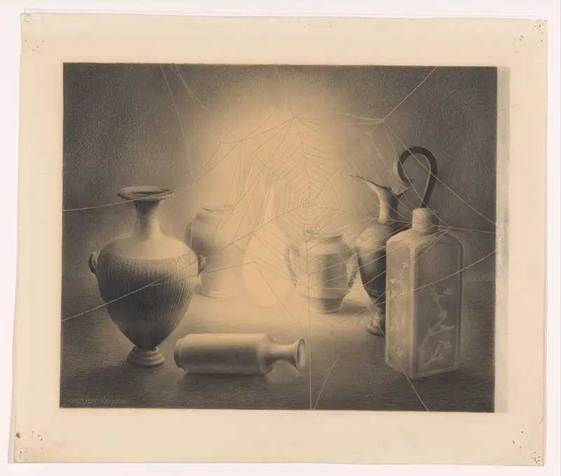 Stilleven van vazen met daarvoor een spinnenweb Wall Art by Unknown - High-Resolution Digital Print