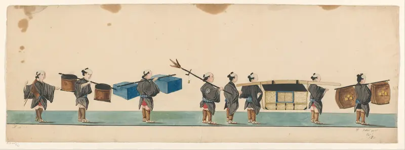 Stoet van acht Japanse dragers met pakketten aan draagstokken Wall Art by Unknown - High-Resolution Digital Print