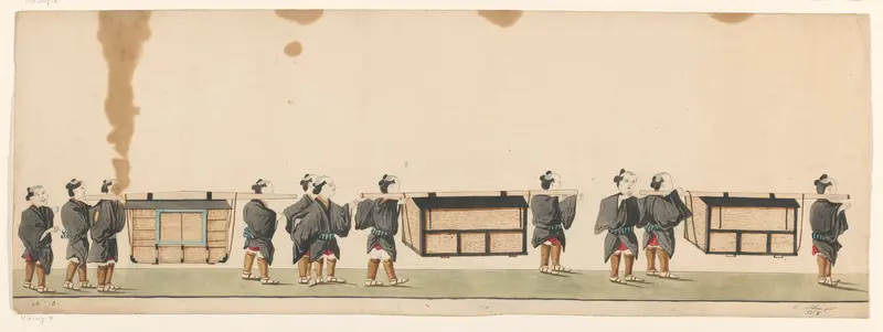 Stoet van elf Japanse dragers met pakketten aan draagstokken Wall Art by Unknown - High-Resolution Digital Print
