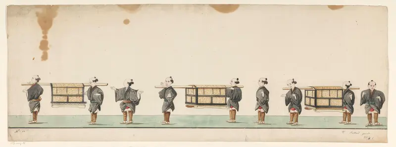 Stoet van negen Japanse dragers met pakketten aan draagstokken Wall Art by Unknown - High-Resolution Digital Print