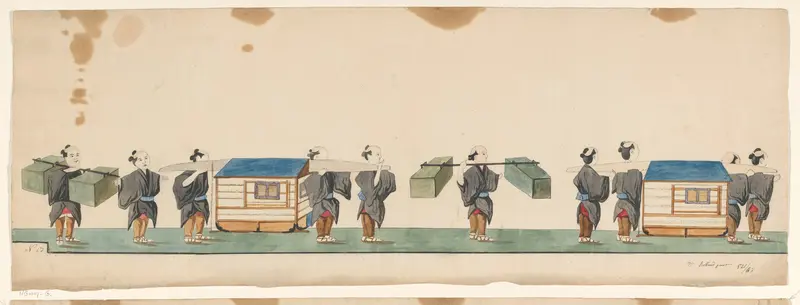 Stoet van tien Japanse dragers met grote en kleine pakketten aan draagstokken Wall Art by Unknown - High-Resolution Digital Print