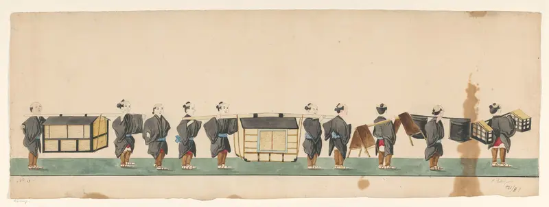Stoet van tien Japanse dragers met verschillende pakketten aan draagstokken Wall Art by Unknown - High-Resolution Digital Print