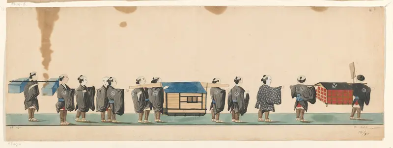Stoet van twaalf Japanse dragers met verschillende soorten pakketten aan draagstokken Wall Art by Unknown - High-Resolution Digital Print