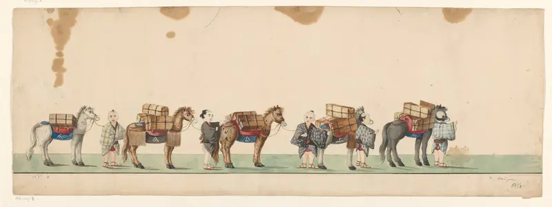 Stoet van vijf bepakte paarden met Japanse begeleiders Wall Art by Unknown - High-Resolution Digital Print