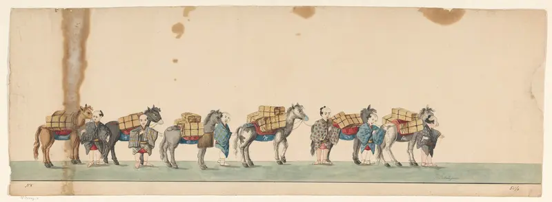 Stoet van zes bepakte paarden met Japanse begeleiders Wall Art by Unknown - High-Resolution Digital Print