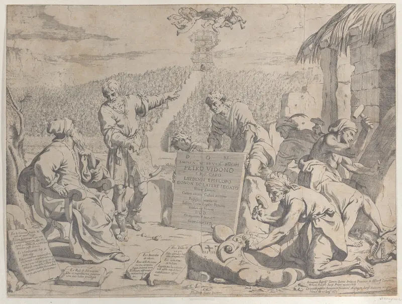 Stonemasons carving the arms of the Bolognese Cardinal Petro Vidono, under his direction Wall Art by Anonymous - High-Resolution Digital Print
